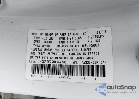 2017 Honda Accord Ex из США, поврежденный, VIN 1HGCR2F75HA052783